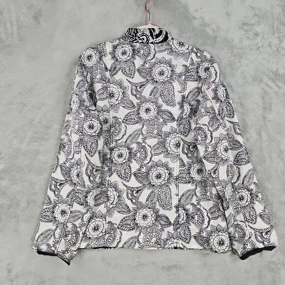 Chico's Jacket Womens Size M Silk Linen Black White Floral Print Embroidered - Picture 2 of 7
